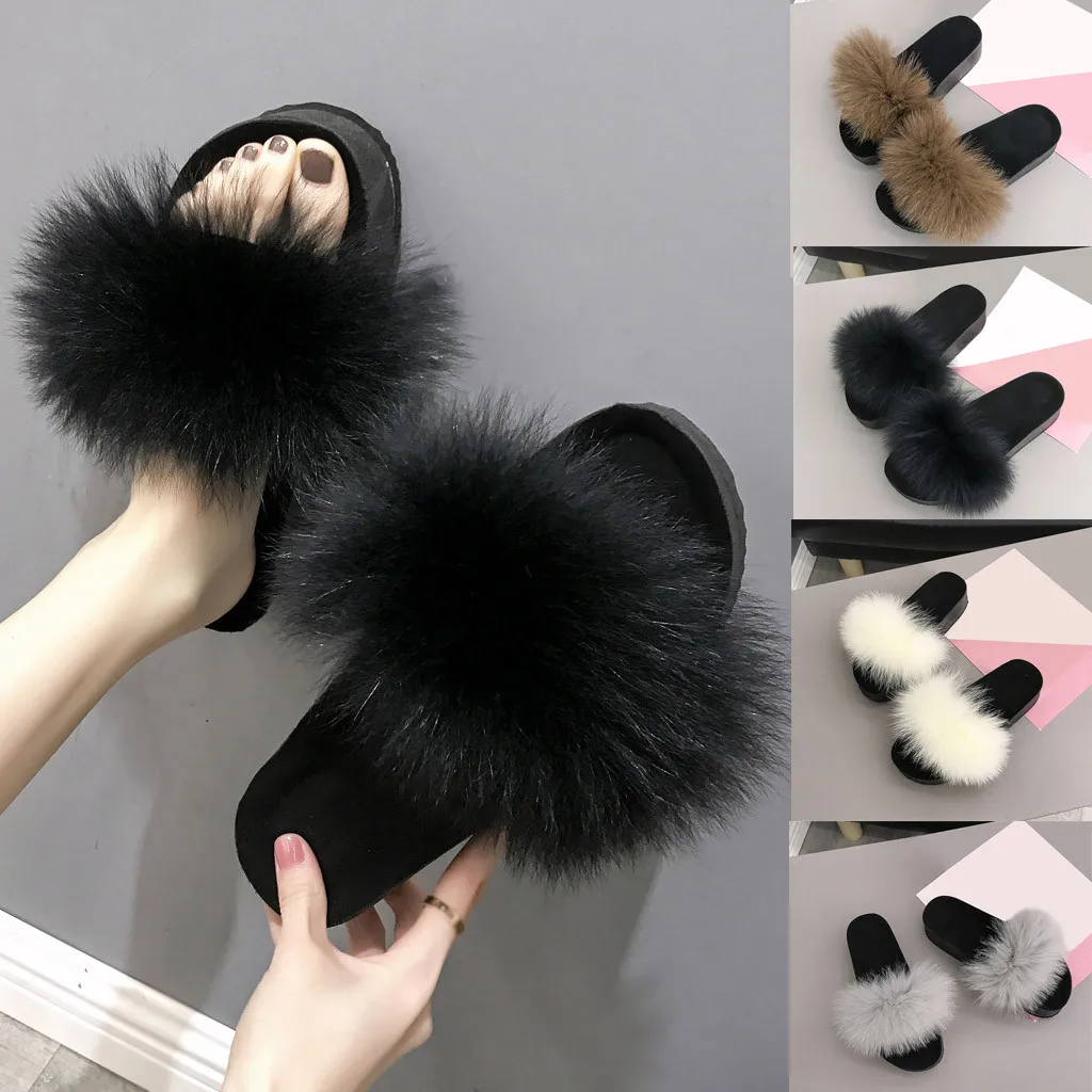 

NEW 2019 Summer Platform fur slides Shoes Open Toe Women Casual furry butterfly-knot Round Toe Comfortable Hairy Slippers %50
