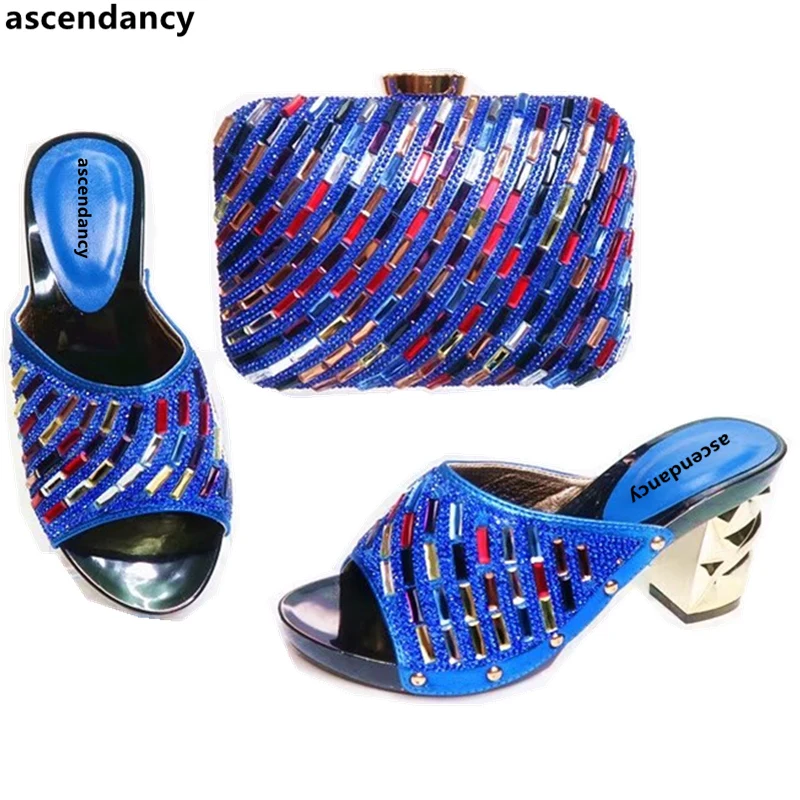 

Latest Blue Color African Matching Shoes and Bags Italian In Women Matching Italian Shoe and Bag Set Decorated with Rhinestone