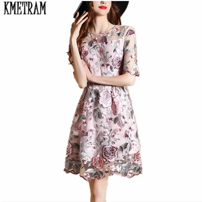 

KMETRAM 2018New style Evening Party Dresses Gorgeous Three Quarter Sleeves Knee length Mesh Embroidery Boho Bohemian Dress HH114