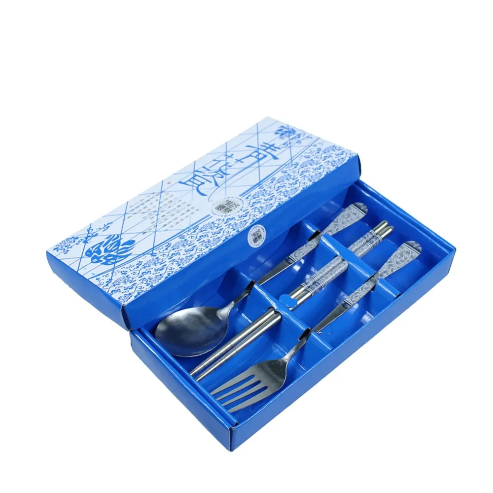 3 шт./компл. керамическая ручка столовая посуда набор цветочный узор вилка из нержавеющей стали столовые приборы с коробкой контейнер для пищи набор креативный подарок - Цвет: Синий