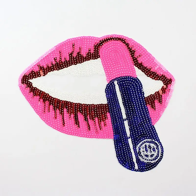 Pink Sequins Mouth Lips Lipstick Patches For Garment Accessories Sew On Embroidered Patch For