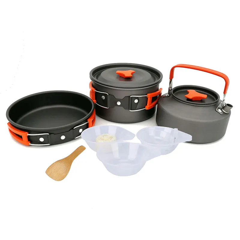 VILEAD nuevo Camping al aire libre conjunto de maceta tetera combinación 2-3 personas olla con vajilla tazón de sopa y cuchara de arroz esponja bola