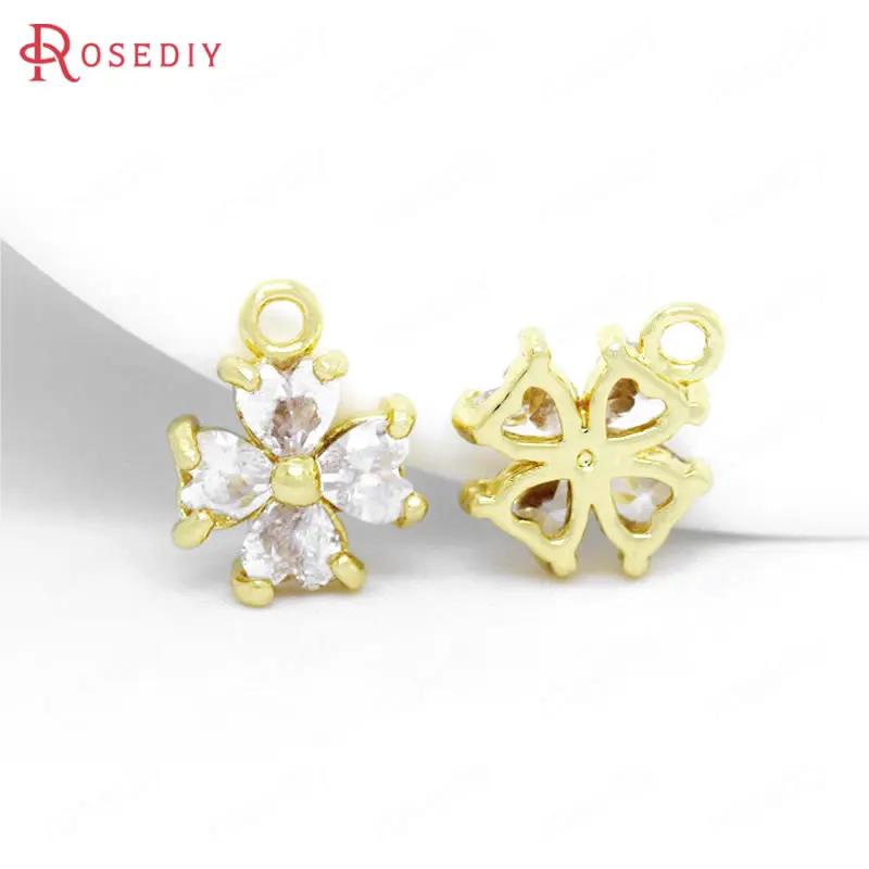 

(34318)4PCS 10*12MM 24K Gold Color Brass and Zircon Flower Charms Pendants High Quality Diy Jewelry Findings Accessories