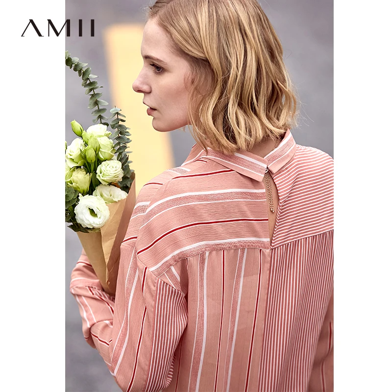 

Amii Minimalist Chiffon Shirt Women 2019 Spring Casual Striped Patchwork Notched Collar Long Sleeve Office Female Pink Blouse