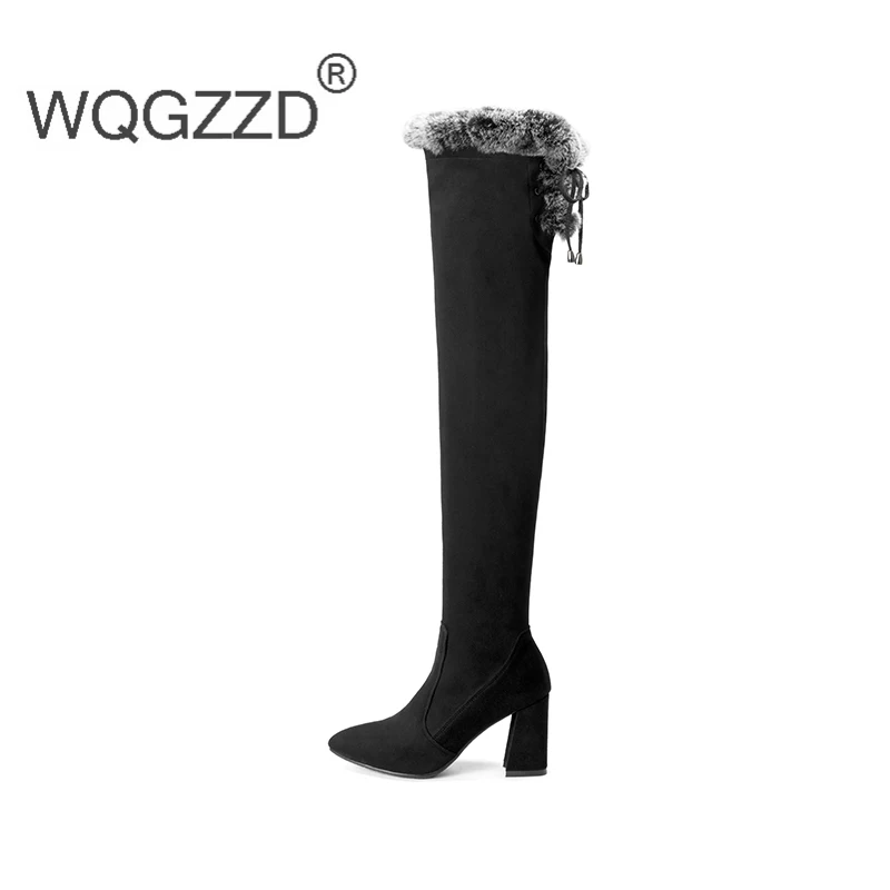 Bottes la Cuisse Flanelle Chaussures Femmes Sur genou Haute Lapin 2019 Beauté Cheveux Hiver Velours Talons Black Nouveaux Mujer x6wpnqCHU