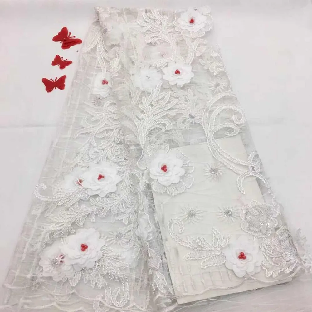 Latest White French Lace Fabric 3D Flowers Embroidered African Tulle With Beads For Wedding | Дом и сад