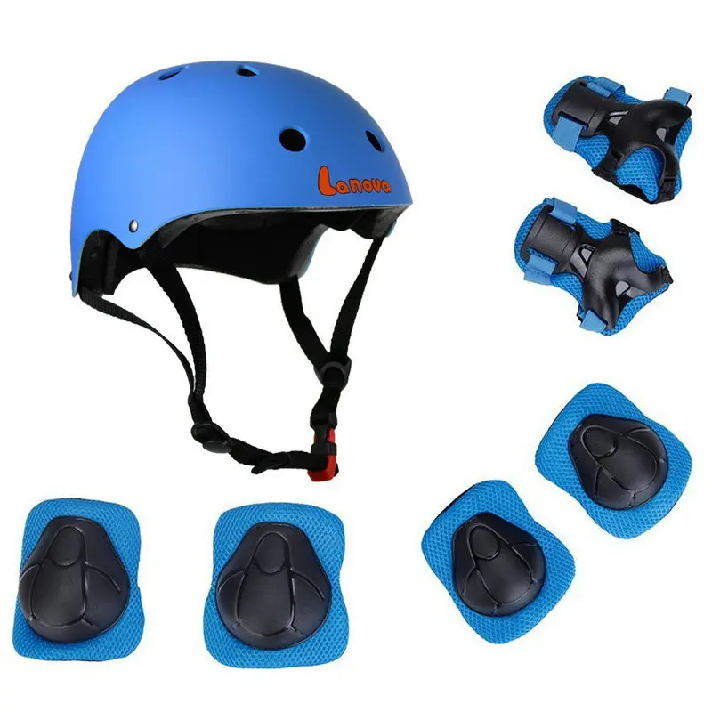 LANOVA 7 шт./набор, Детский защитный шлем для скейтборда, наколенники, налокотники, защита от напульсника для скутера, велоспорта, катания на роликах - Цвет: BLUE