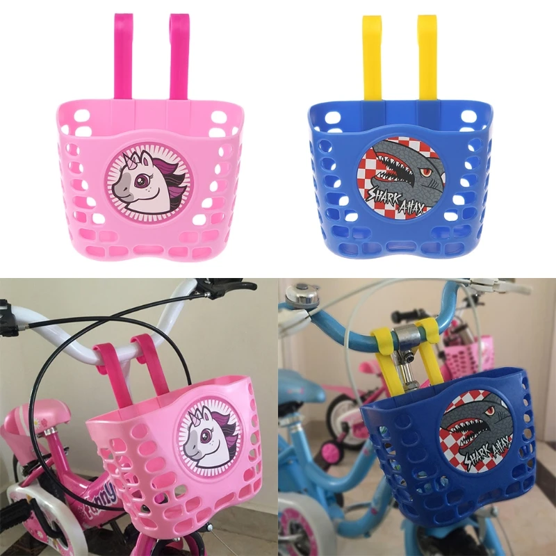 Top Bicycle Scooter Basket Children Bike Plastic Cartoon Front Handlebar Carrier Bag blue pink 1