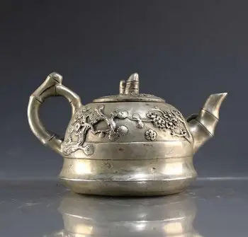 

China collection archaize white copper bamboo plum blossom teapot craft statue