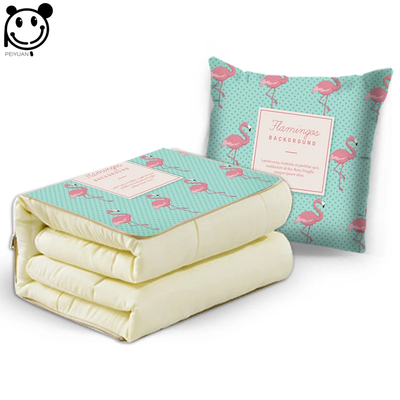 PEIYUAN Animal Pink Flamingo and Green Plant Cushion Blanket Polyester Cotton Dual Purpose ...