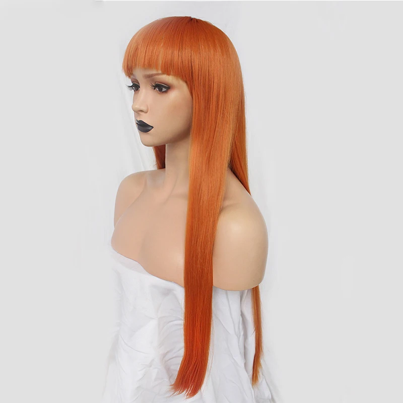 Gorra de pelo + Persona 5 Futaba Sakura naranja larga recta Cosplay peluca con flequillo plano traje de fiesta peluca sintética
