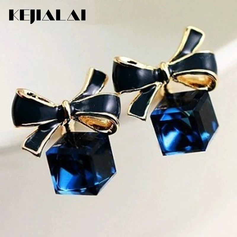 KEJIALAI, серьги-гвоздики с кристаллами, женские серьги с милым бантом, серьги с голубым бантом, модные ювелирные изделия, подарки для девочек, LY-C1006