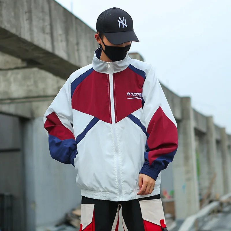 

Hip Hop Jackets Men Windbreaker Spring Autumn New Patchwork Color Block Zipper Jacket Loose Coat Men Streetwear 4XL 5XL
