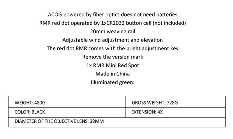 Acog 4x32 оптический прицел шеврон сетка волокно зеленый красный с подсветкой Оптический прицел с Rmr мини Красный точка зрения