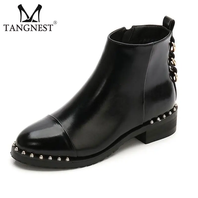 

Tangnest NEW Patent Leather Ankle Boots For Women Metal Decoration Chunky Heel Boots Casual Zipper Boot High Top Shoes XWX6892