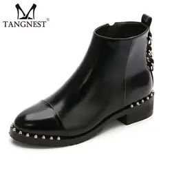 Tangnest/Новые полусапожки из лакированной кожи для Для женщин украшения из металла не сужающемся книзу массивном каблуке Повседневное молния