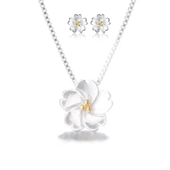 

XIYANIKE 925 Sterling Silver Sweet Romantic Gold Color Sakura Necklace Earrings Jewelry Sets For Women Girl Love Gift NE+EA