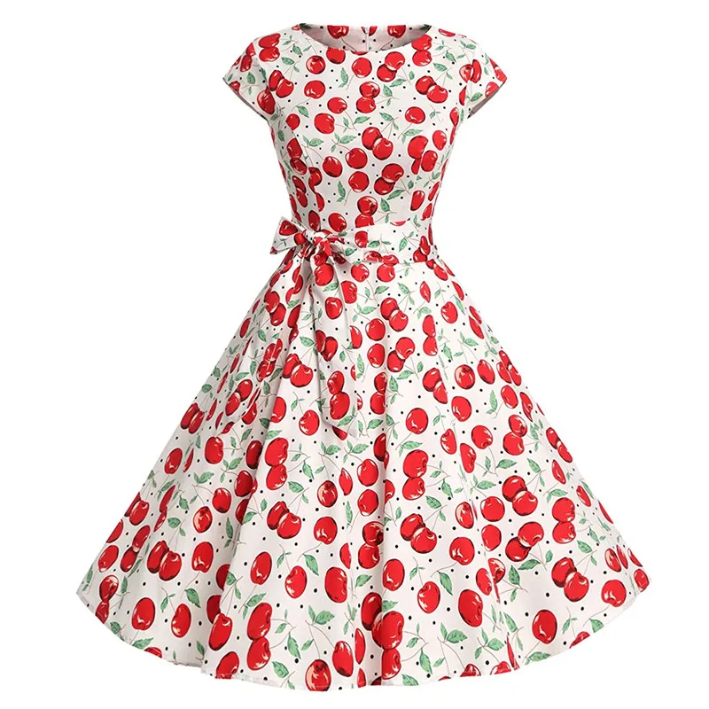 

Spring Summer Women's Elastic Cotton Print Cherry Round Neck Short Sleeve Dress Retro Style Hepburn Big Swing Dresses Female