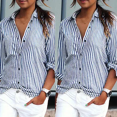 

2018 New Fashion Women Casual Chiffon shirt striped Print Blouses Long Sleeve Tops Clothes