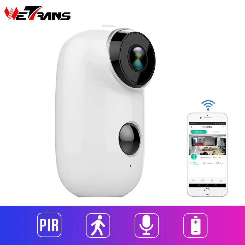 

Wetrans Wifi Techege Fish Eye CCTV 720P HD Two-way Audio Camera Rechargeable Battery Weatherproof IP Camera Wireless Alarm Cam