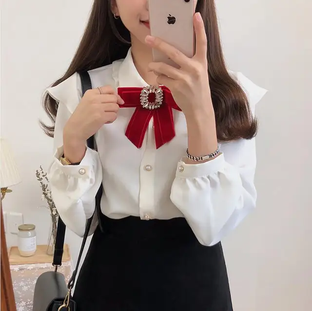 US $17.55 Promotion Polyester Cotton Regular Ruffles Chiffon Solid Full Blouse Vadim Korea Spring New Loose L