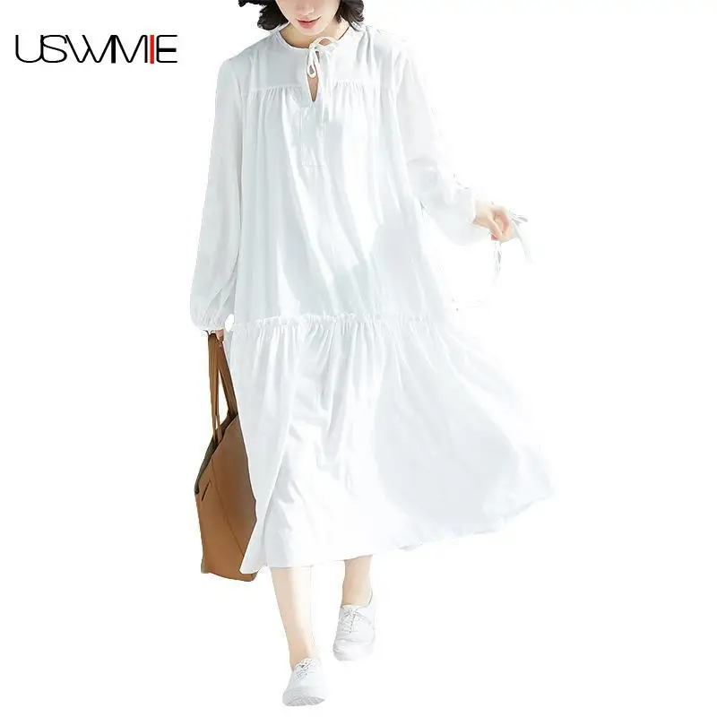 

2018 Plus Size Women Dress Fashion simple Pure Color O-neck Long Sleeve Vestido Personalize Pleated Versatile Loose Dress USWMIE