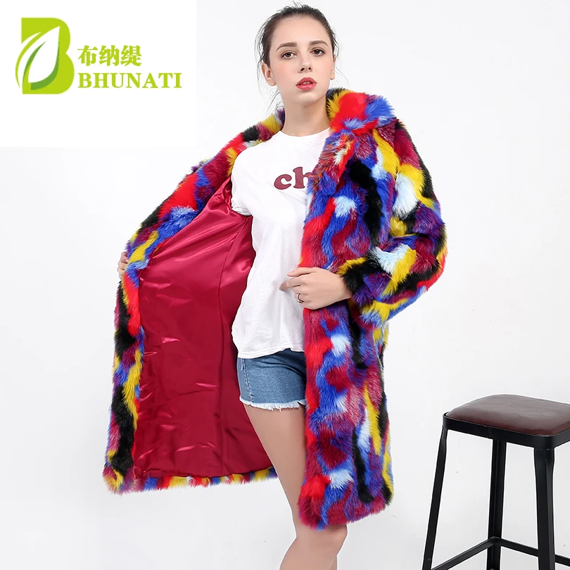 BHUNATI NEW Faux Fur Coats Colorful Jackets Women Winter Rabbit Fur Long Overcoat Soft Warm Rainbow Color Outerwear Female