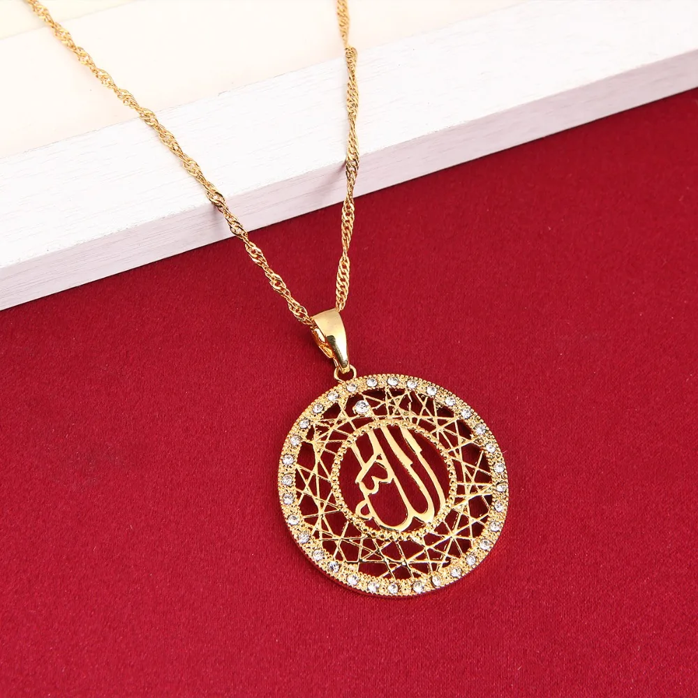 

Charm Glaze Round Pendant Jewelry Gold Color Religious Islamic Muslim Allah Crystal Pendant Necklace
