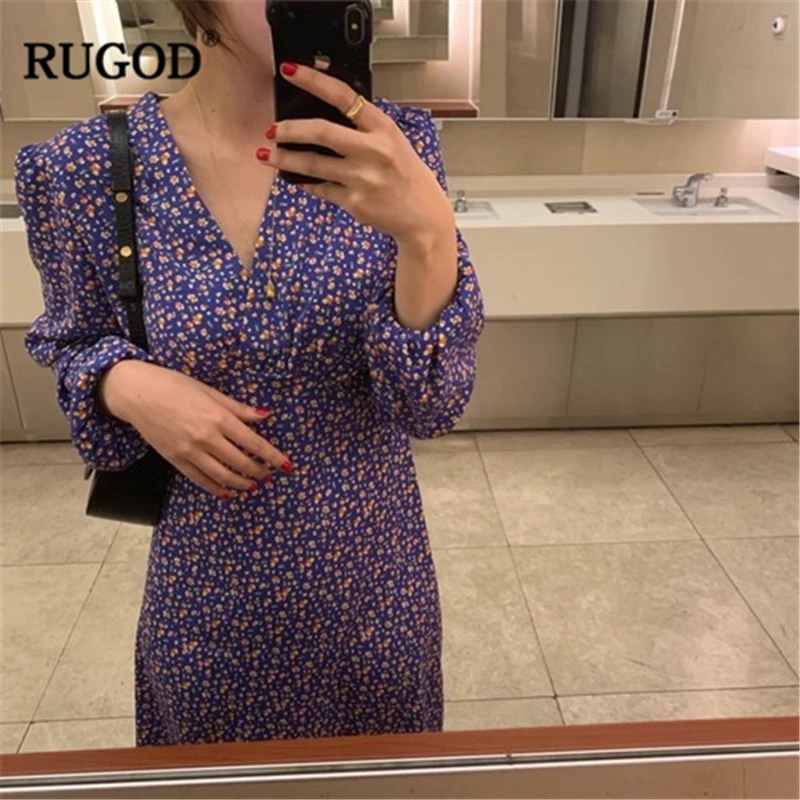 

RUGOD 2019 New Arrival Women Floral Dress V-neck Long Sleeves Lantern Sleeves Tunic Gentle Women Dress Slim Vintage Mujer Dress