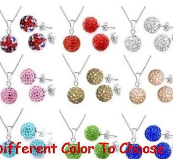 

10 set/lot 10mm multicolor mixed white disco ball Crystal set silver plated drop studs earrings Necklace Chains x5362