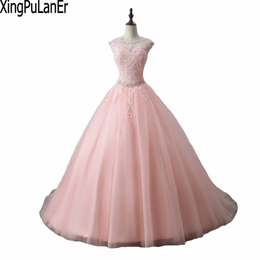 

XingPuLanEr Ball Gown O Neck Cap Sleeves Lace Appliques Beaded Lace Up Back Pink Tulle Long Prom Dresses Plus Size Pageant Dress