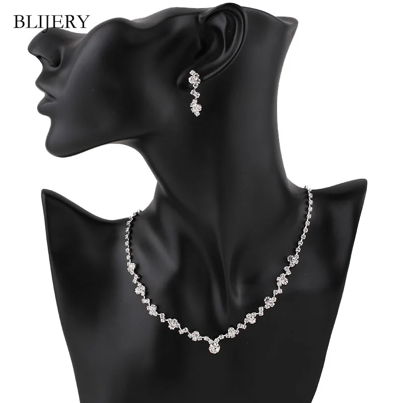 Bridal jewelry sets BLIJERY Silver plated crystal bridesmaid bridal jewelry sets geometric choker necklace earrings for women wedding jewelry sets