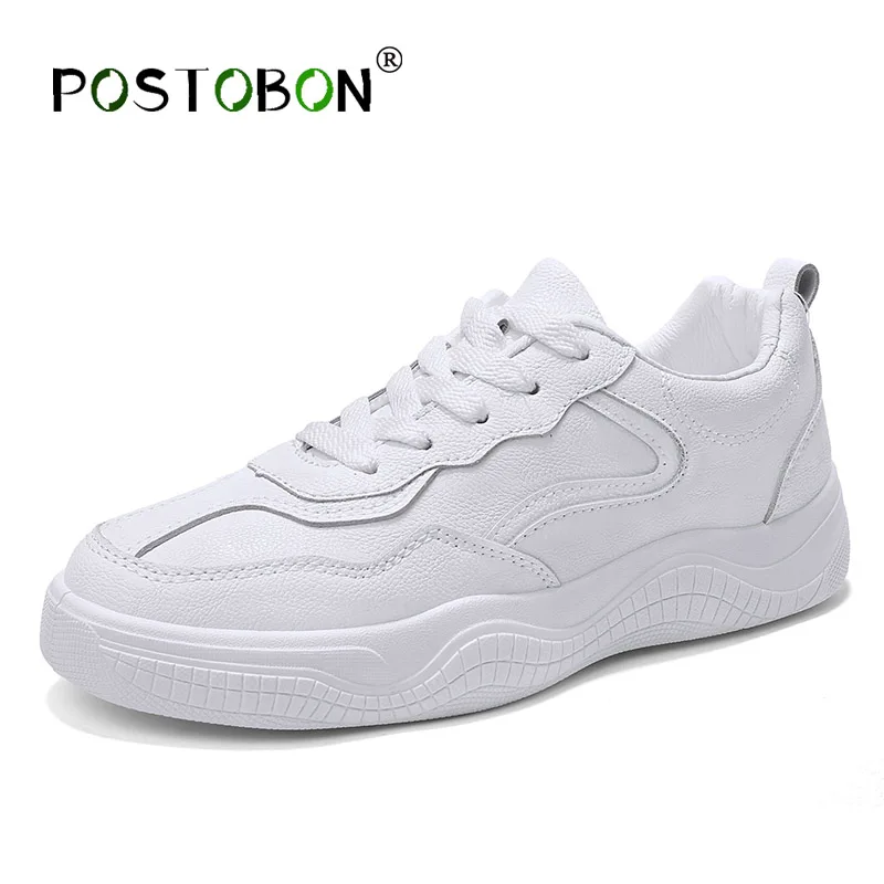 

POSTOBON 2019 Fashion Women Shoes Platform Sneakers Ladies Lace-up Casual Shoes Breathable Walking Leather Shoes White Flat Girl