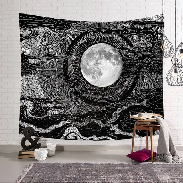 Cilected Indian Sun And Moon Pattern Tapestry Black And White