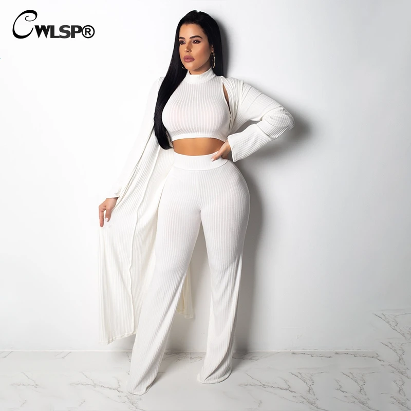 CWLSP 2018 Winter Drie Delige Set Vrouwen Pak Geribbelde Sexy Crop Top Mouwloos Tops En Lange Broek Dames Doek Pakken split QZ3182 CWLSP 2018 Winter Drie Delige Set Vrouwen Pak Geribbelde Sexy Crop Top Mouwloos Tops En Lange Broek Dames Doek Pakken split QZ3182