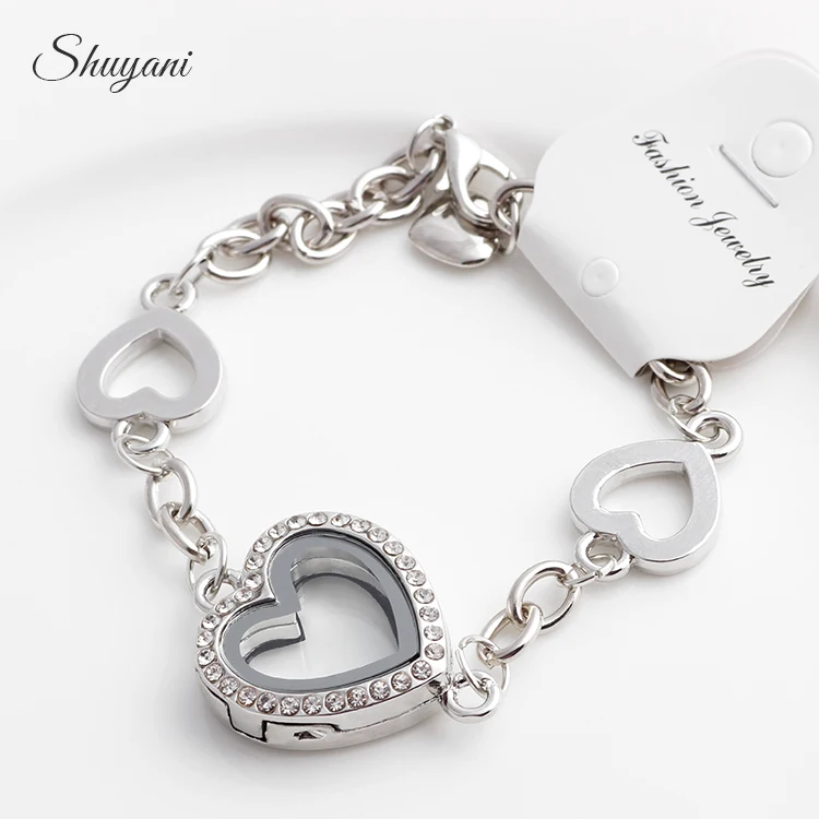 Buy 5PCS!! Wholesale Silver Heart Locket Bracelet Crystal Floating Heart Living