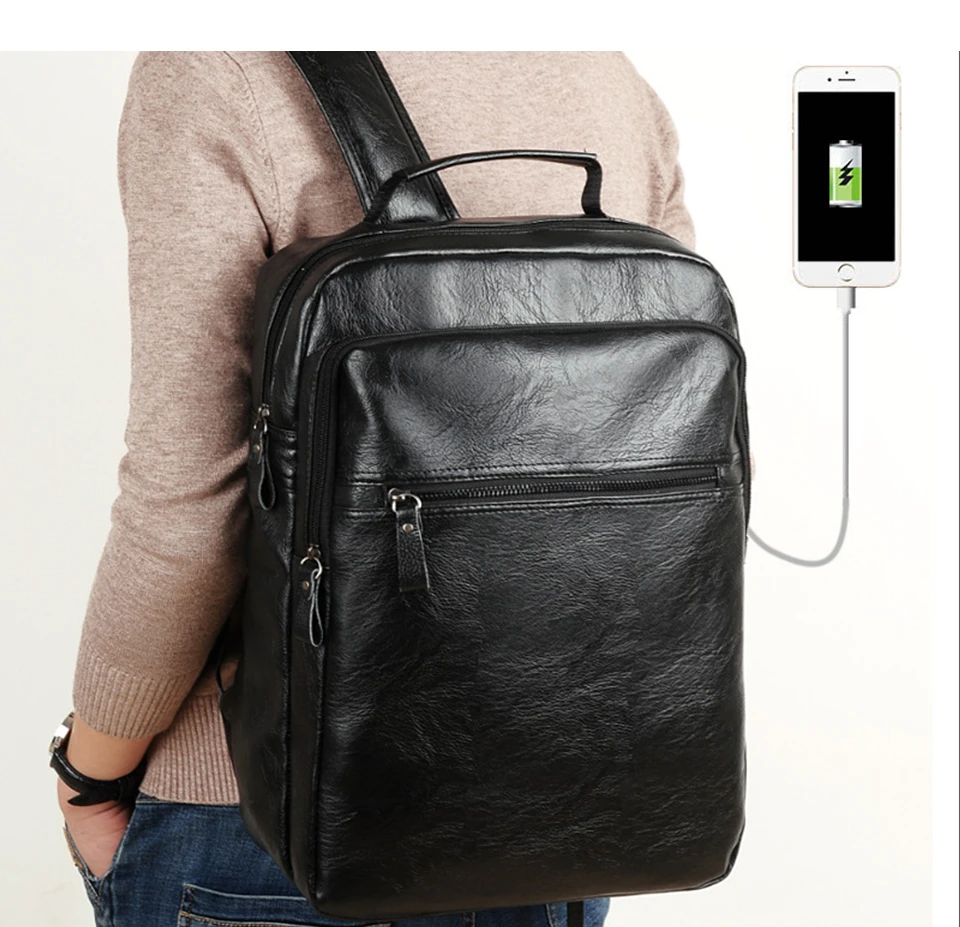 Мужской рюкзак из искусственной кожи, Коричневый Мужской Водонепроницаемый школьный рюкзак для ноутбука, повседневный однотонный черный мужской рюкзак с открытым карманом