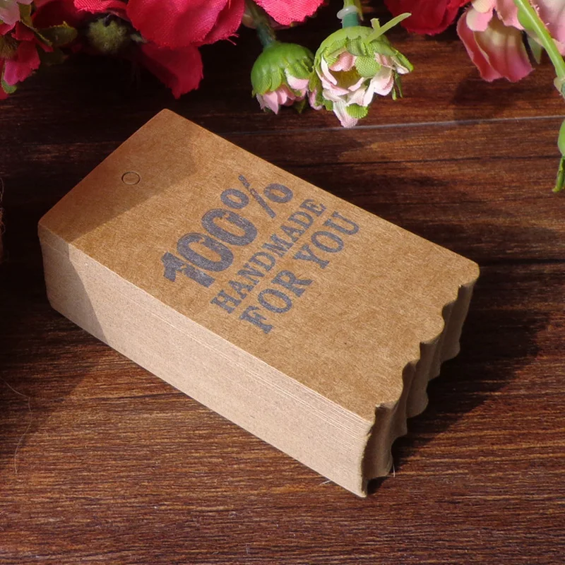 

50pcs Kraft Bookmark 100% HANDMADE FOR YOU Printed Gift Tags Price Label DIY Paper Hang Tags With Wavy Edge 4x7cm