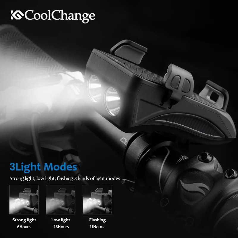 CoolChange Bike Light USB Rechargeable Flashlight Phone Holder Bicycle Highlight 2000/4000mAh Power Bank Cycling Horn Led Light