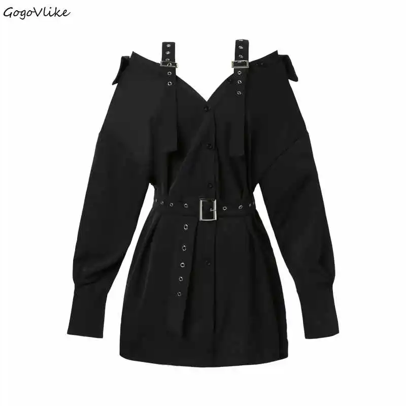 Achat Harajuku Spaghetti Bretelles Blouse avec des ceintures Femmes Chemise Sangle Ouvert Épaule 2018 femmes Vintage Foncé Chemise V cou LT611S50