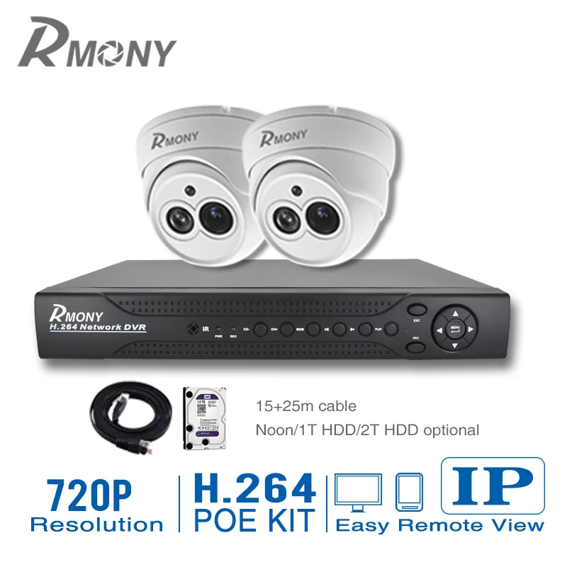 HDD Option 2PCS 720P HD Outdoor CCTV Security Camera Fixed System IP POE Home Video Surveillance DVR Kit 4CH 1080P HDMI Output