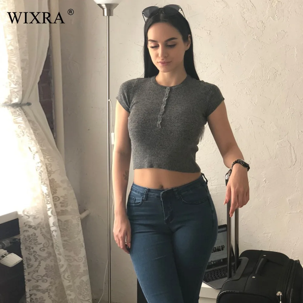 

Wixra Basic Sweater 2018 Women Summer Knitted Sweaters and Pullovers Short Sleeve Shirts Solid Slim Cropped Sweater Shirts