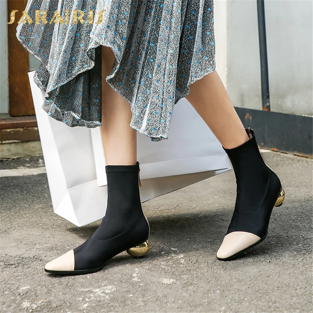 

Sarairis Genuine Cow Leather Hot Sale Stretch Boots Woman Shoes Strange Style Zip Up Mix Color Elegant Shoes Woman Boots Female