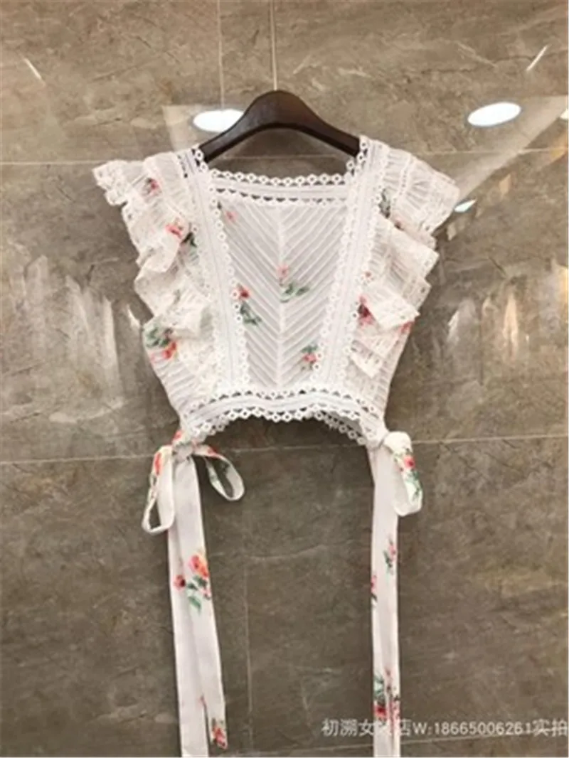 New Arrival Bohemian Women 2 Pieces Set Sexy Flower Top Blouse + Shorts Hollow Out Embroidery Ruffled Style Two Piece Set Shorts (1)