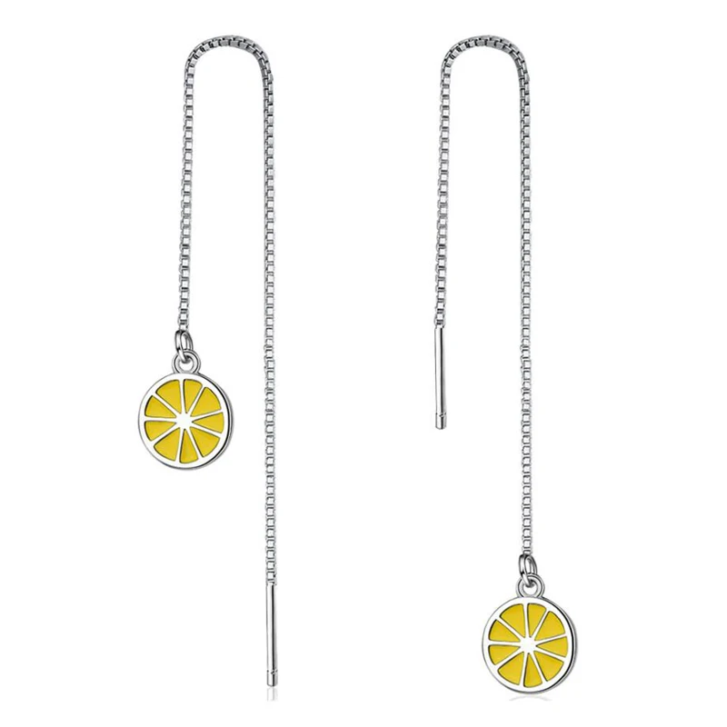 

ONEVAN Fashion 925 Sterling Silver Earrings For Women Sweet Small Fresh Yellow Lemon Earring Temperament Long Ear Chain Jewelry