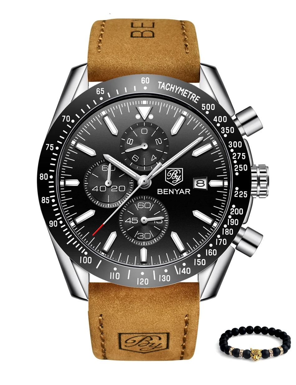 

2019 drop shipping Luxury Brand BENYAR Mens Watches Leather Band Wrist Watches Men's Chronograph Watch Male Relogio Masculino