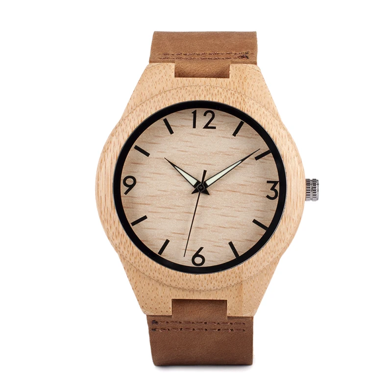 BOBO BIRD Minimalist Natural Men Bamboo Wooden Watch with Leather Strap in Gift Box