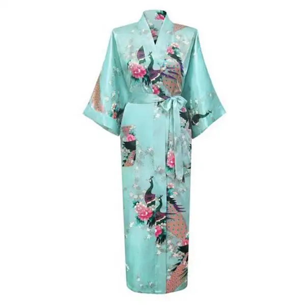 Белые китайские женские сексуальные халаты с v-образным вырезом, шелковые пижамы из вискозы, длинная ночная рубашка с принтом, свадебное платье для невесты размера плюс от S до XXXL NR026 - Цвет: Light Blue Long