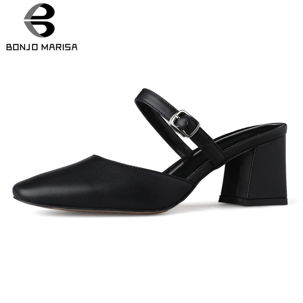 

BONJOMARISA Brand New Cow Leather Square Toe Summer Shoes Woman Pumps Mules Chunky Heels Slip On Casual Mules Pumps Woman Shoes