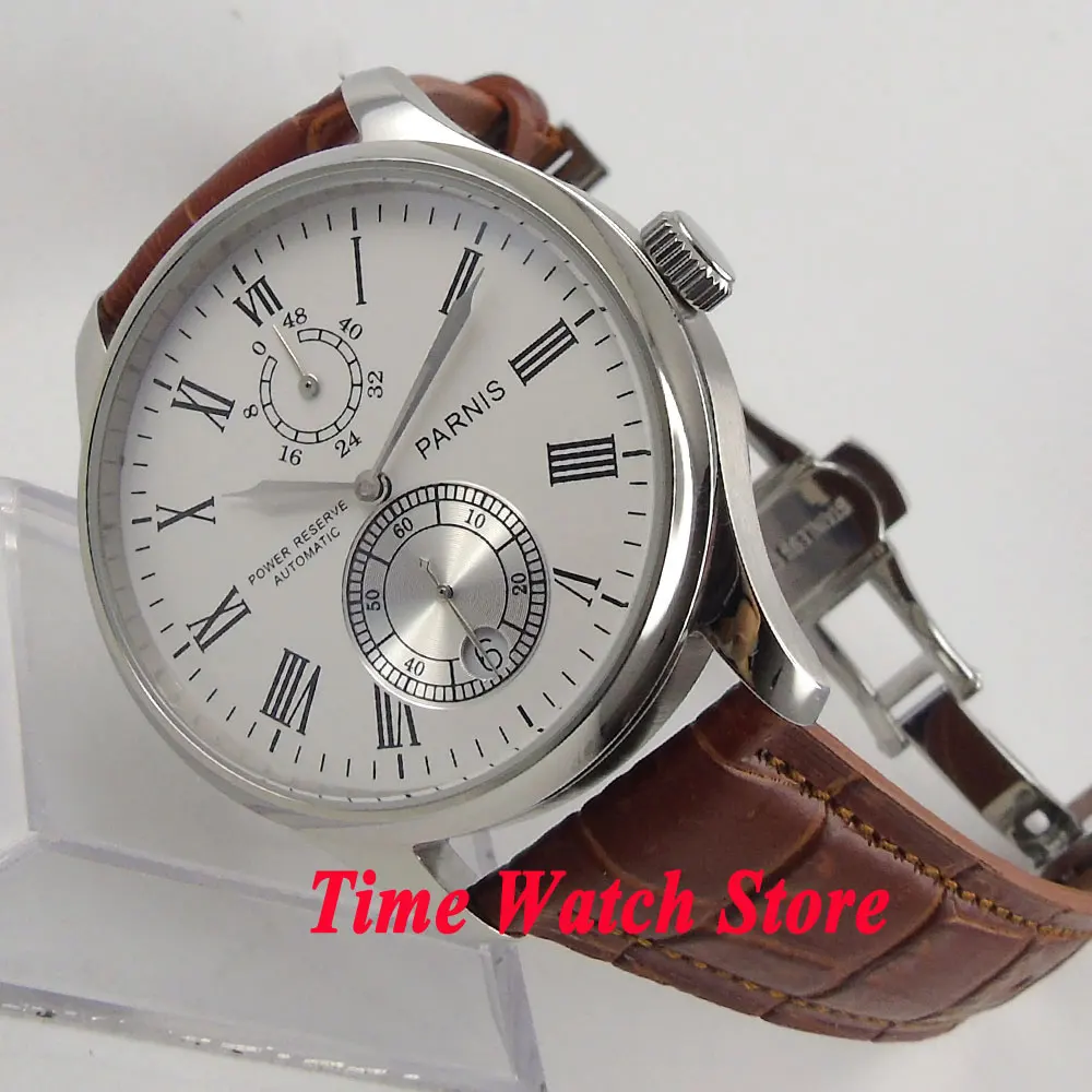 

Parnis 43mm white dial Roman Numerals date Power reserve deployant clasp Automatic movement Men's watch men 199